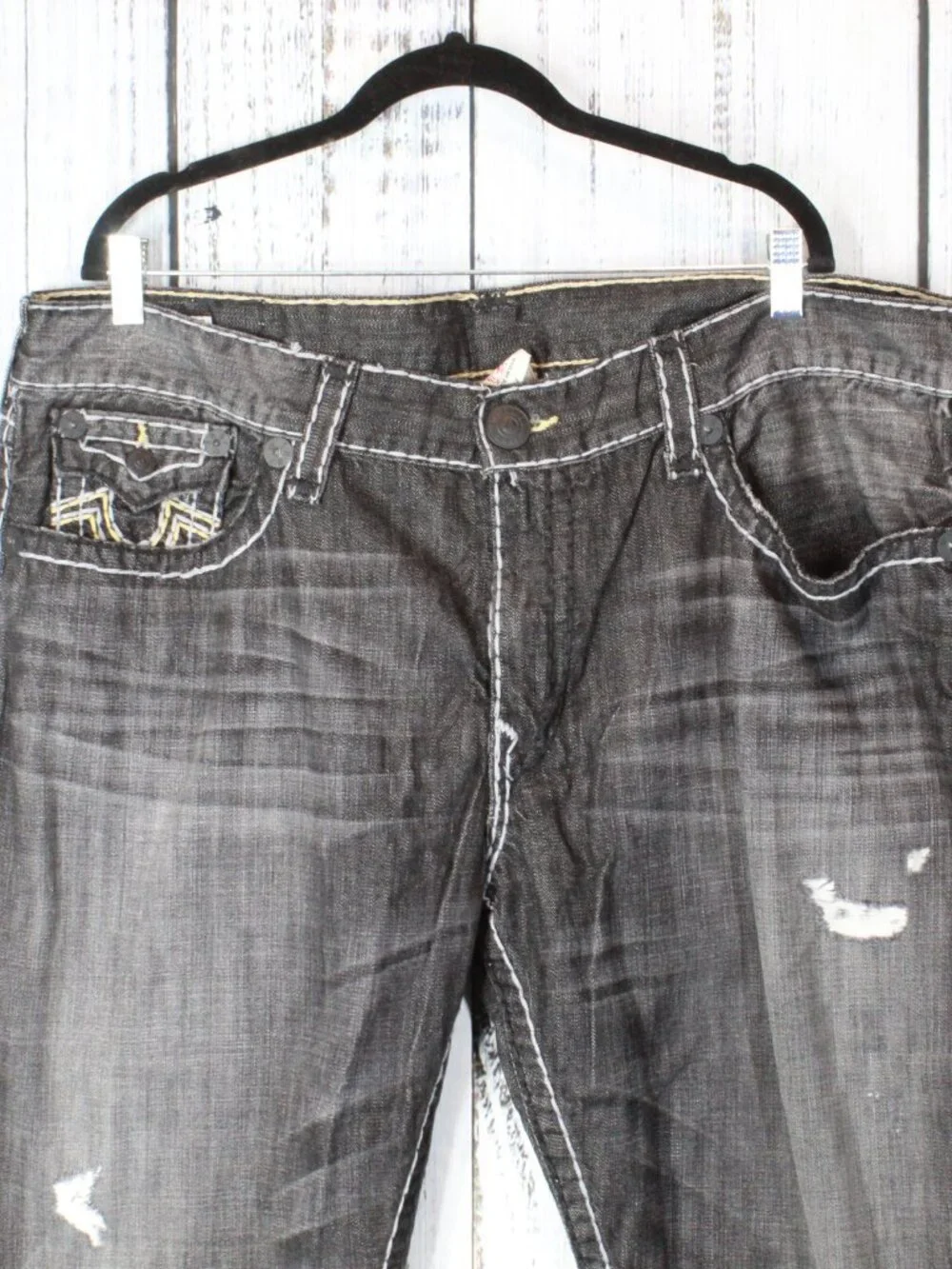 True Religion Ricky Super T Black Grey Jeans Size 42 White Yellow Stitch NWT